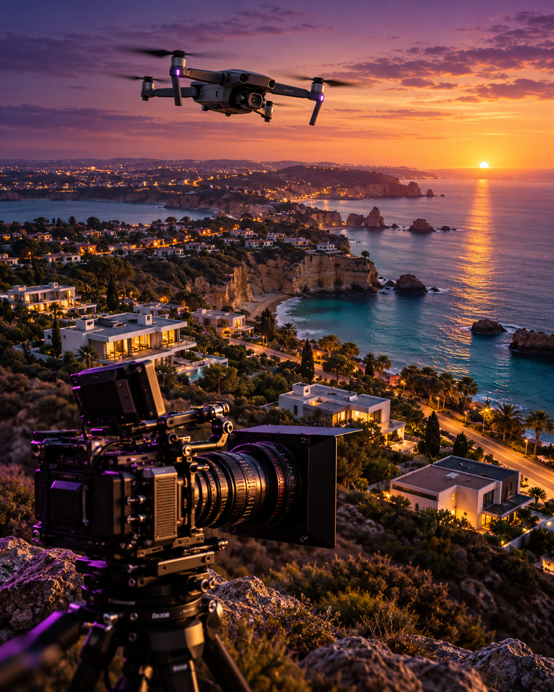 Composição cinematográfica com drone, câmara profissional e paisagem costeira com imóveis ao pôr do sol