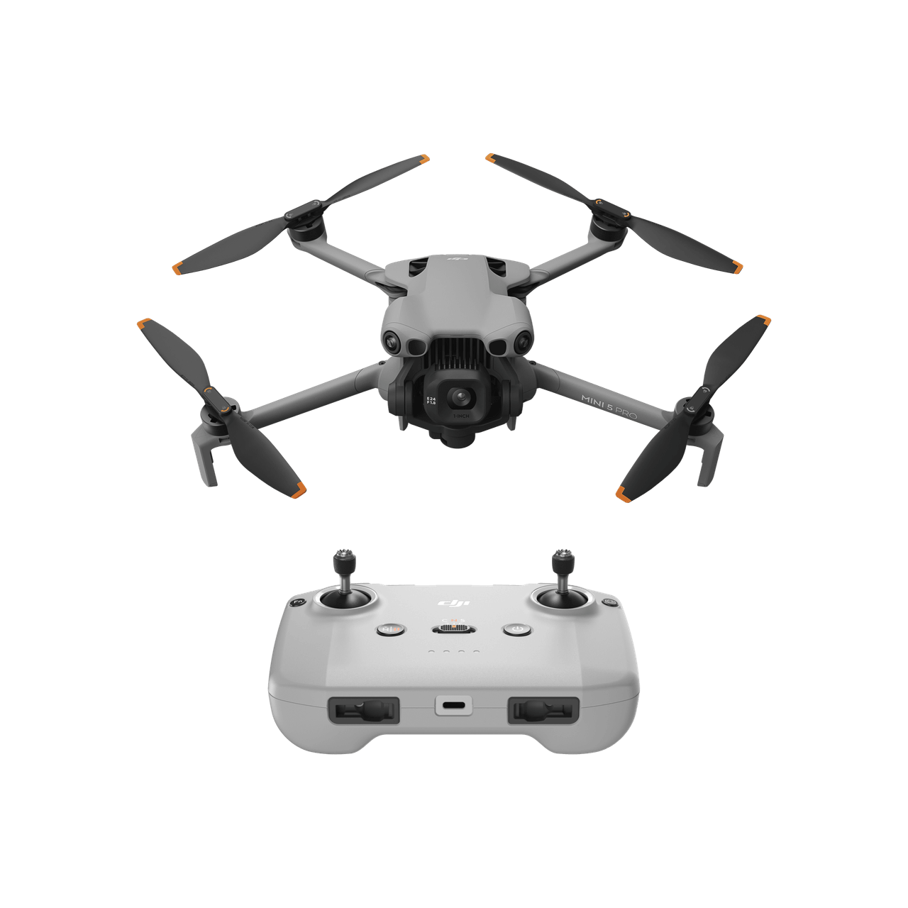 DJI Mini 5 Pro, visto de frente com os braços abertos